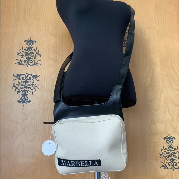 Vintage 90s Designer Marbella Cotton Shoulder Bag Leather Adjustable Strap - Picture 4 of 17
